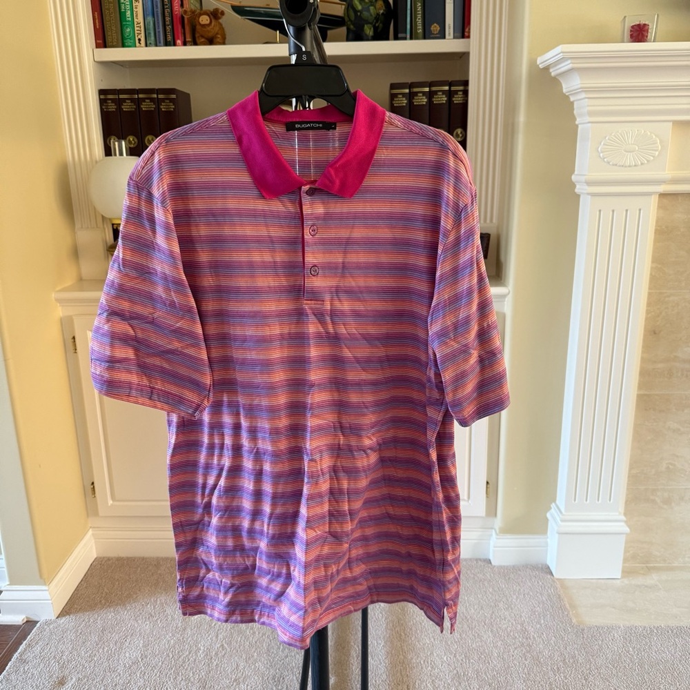 Bugatchi polo shirt striped solid pink collar